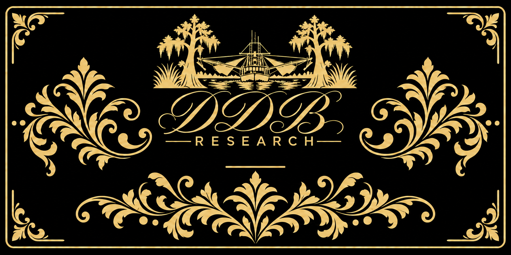 DDB Research gold shrimp boat, calligraphy, and damask logo